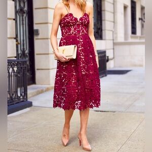Self-Portrait Azalea Guipure Lace Burgundy Midi-Dress US 8